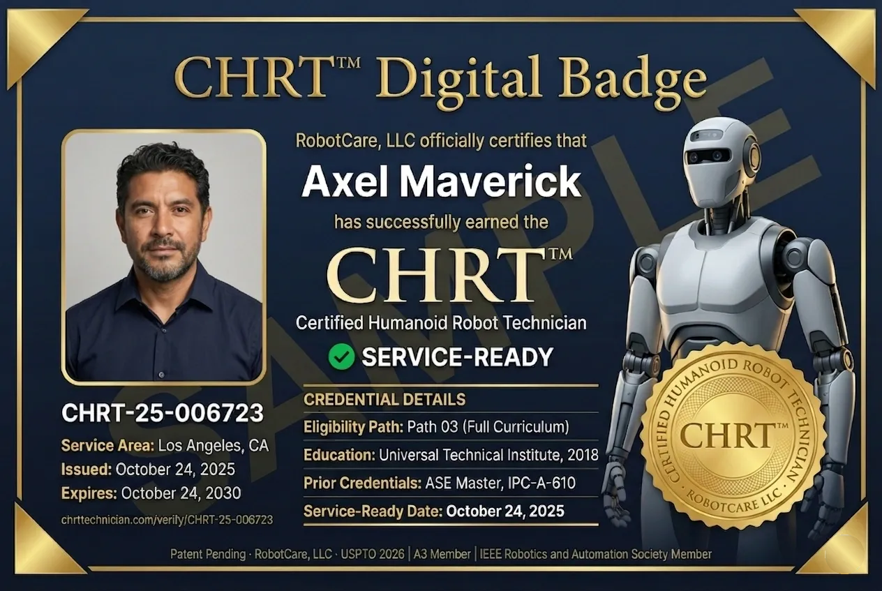 CHRT Digital Badge sample for Axel Maverick, Credential ID CHRT-25-006723, Service-Ready, Service Area Los Angeles California, Issued October 24 2025, Expires October 24 2030, Path 03 Full Curriculum, Universal Technical Institute 2018, ASE Master and IPC-A-610